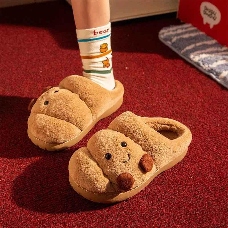 Kawaii Croissant Bread Fluffy Slippers - Cute Cartoon Anti-slip Couples Home Slides Brown