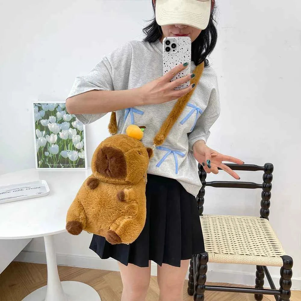 Kawaii Capybara Plush Backpack (12.6 x 7.9 in) - Cute Fur Shoulder Bag & Mini Knapsack Gift