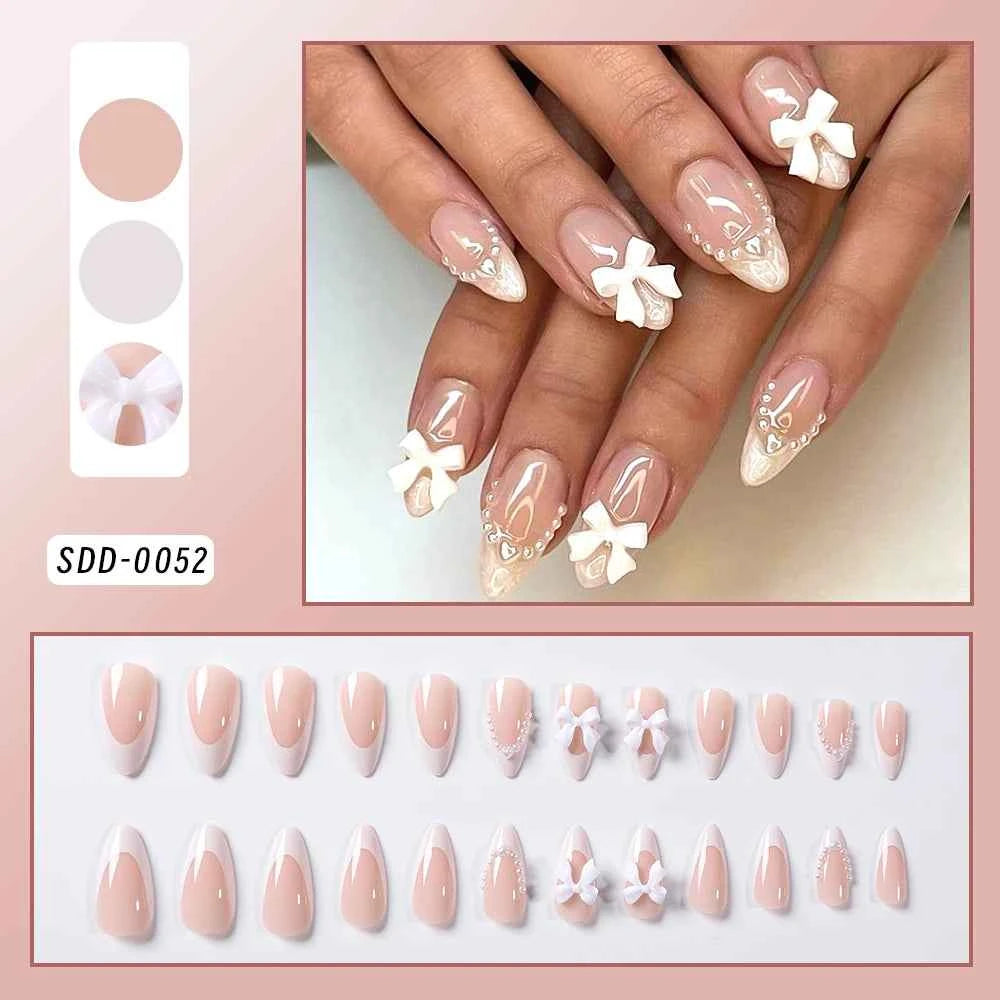 24pc Short Square French Press On Nails - White & Pink Flower Design