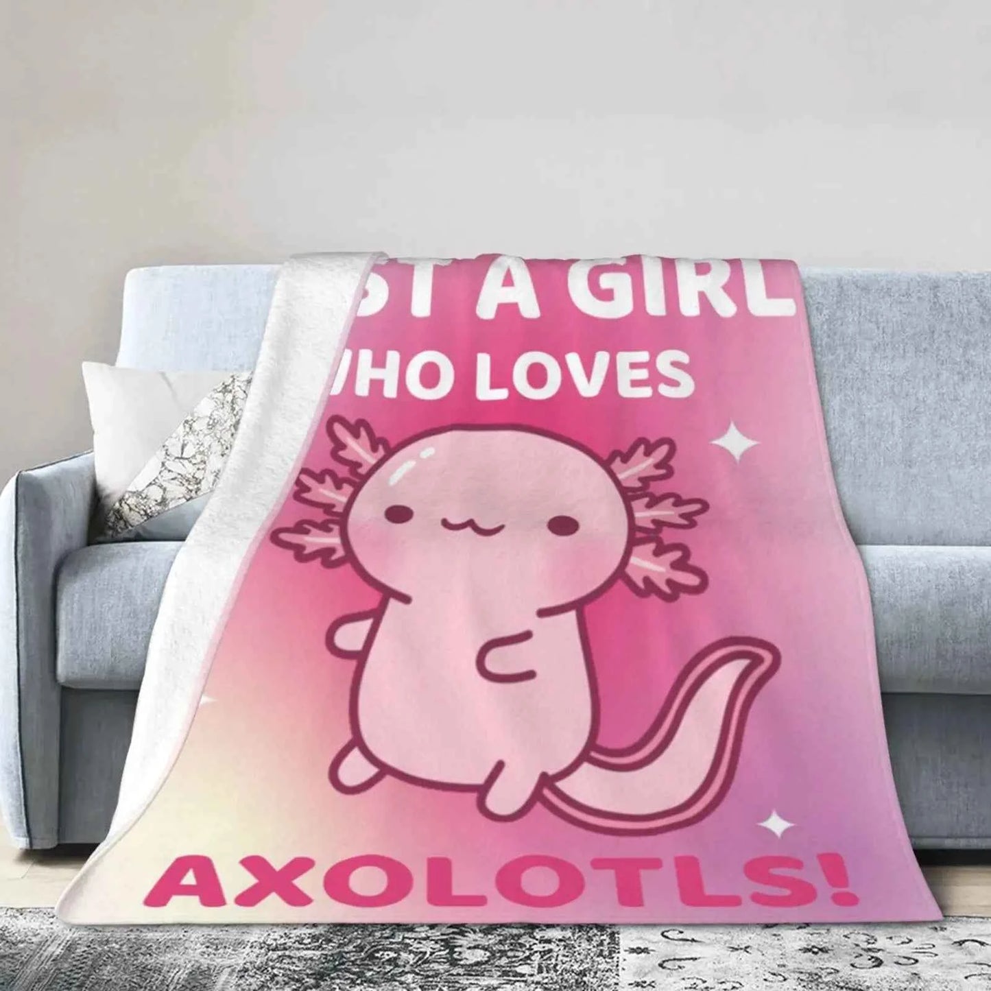 Kawaii Axolotl Animals Pink Print Flannel Blanke, Just A Girl Who Loves Axolotls, Multipurpose Living Room Sofa Outdoor Beach