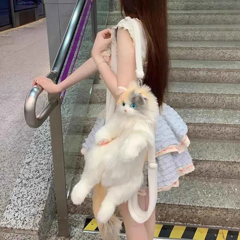 Super Realistic Three Flower Cat Plush Backpack - Pure Handmade Cute Stuffed Animal Bag Gift