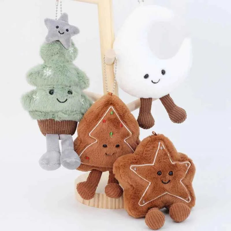 Adorable Christmas Plush Keychain (4 in) - Tree, Star, Moon & Gingerbread Doll Bag Pendant Gift