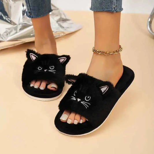 Casual Fluffy Slippers Women Home Flat Cat Cartoon Luxury