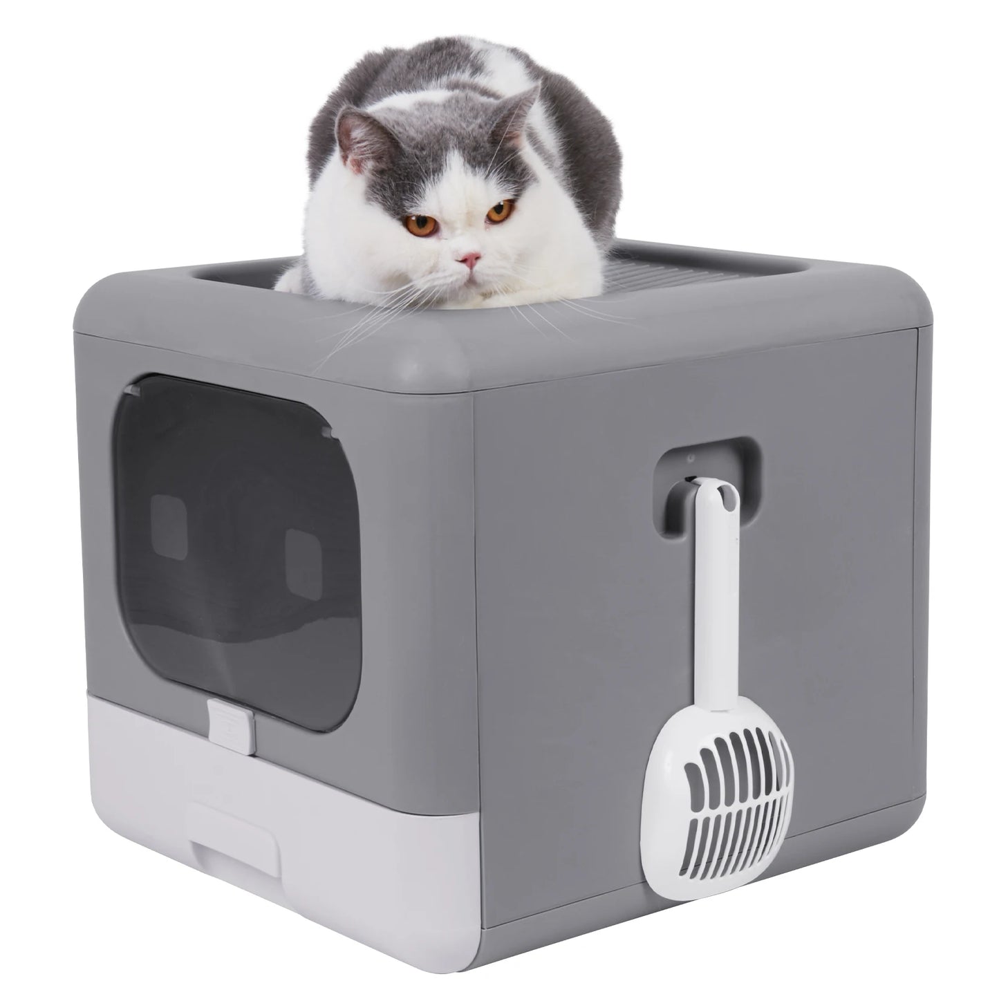 Foldable Enclosed Cat Litter Box with Sifting Tray & Scoop - Top and Front Entry Kitten Toilet