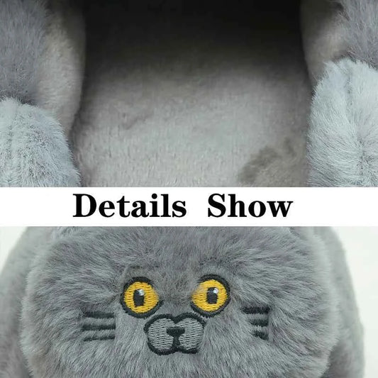 Cuddly Hug Cat Slippers Women Winter Home Fur Slides Kawaii