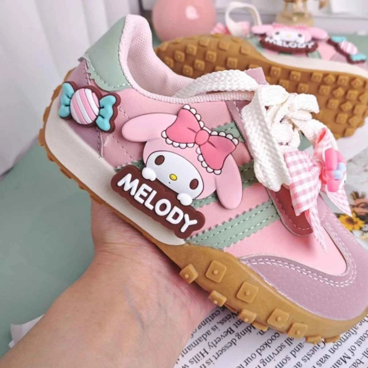 Kawaii Kids' Melody Cartoon Sneakers - Anti-slip PU Leather Shoes with Bow (Pink)