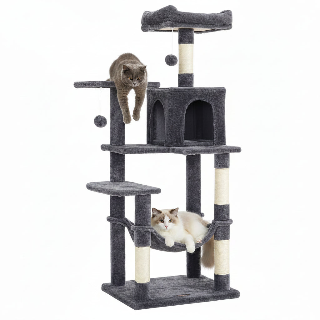 56.3" Multi-Cat Tree Tower Hammock, Condo & Scratching Posts for Indoor Cats Smoky Gray
