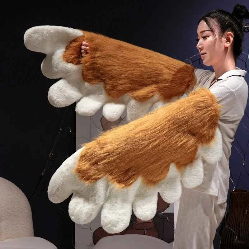 Kawaii Plush Cat Claw Mittens - Furry Fox Paws Gloves with Bird Wings for Halloween Cosplay