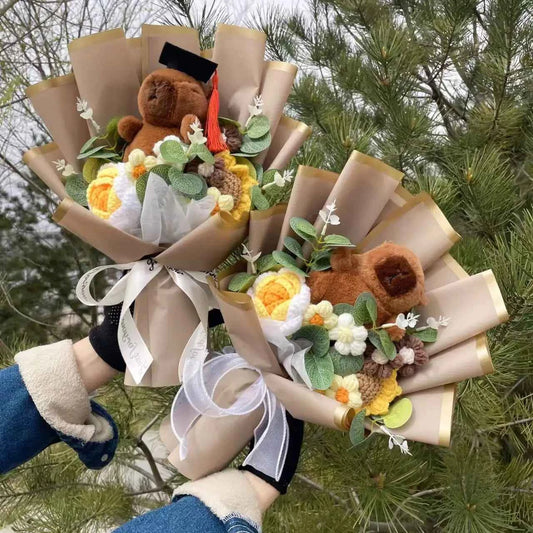 Kawaii Capybara Plush Bouquet (13.8 in) - Crochet Roses/Sunflowers Creative Gift