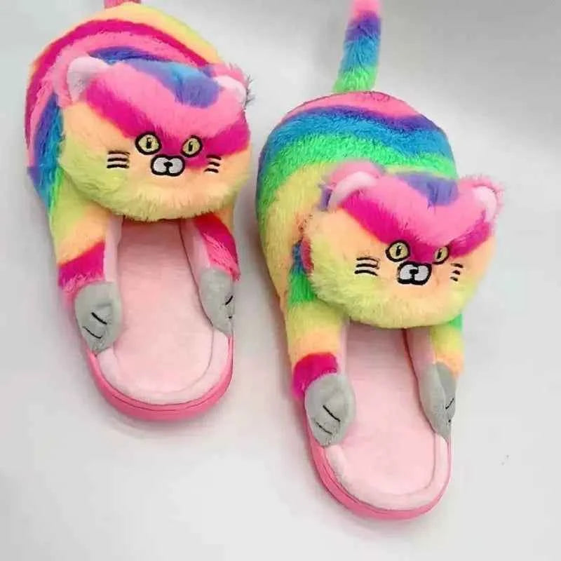 Cuddly Hug Cat Slippers Women Winter Home Fur Slides Kawaii Rainbow One size fits all