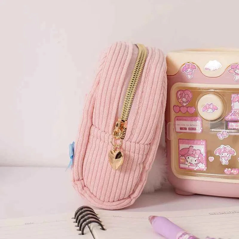 Lovely Hello Kitty Corduroy Cosmetic Bag - Pink Embroidery Cat Plush Purse (6.30 inches)