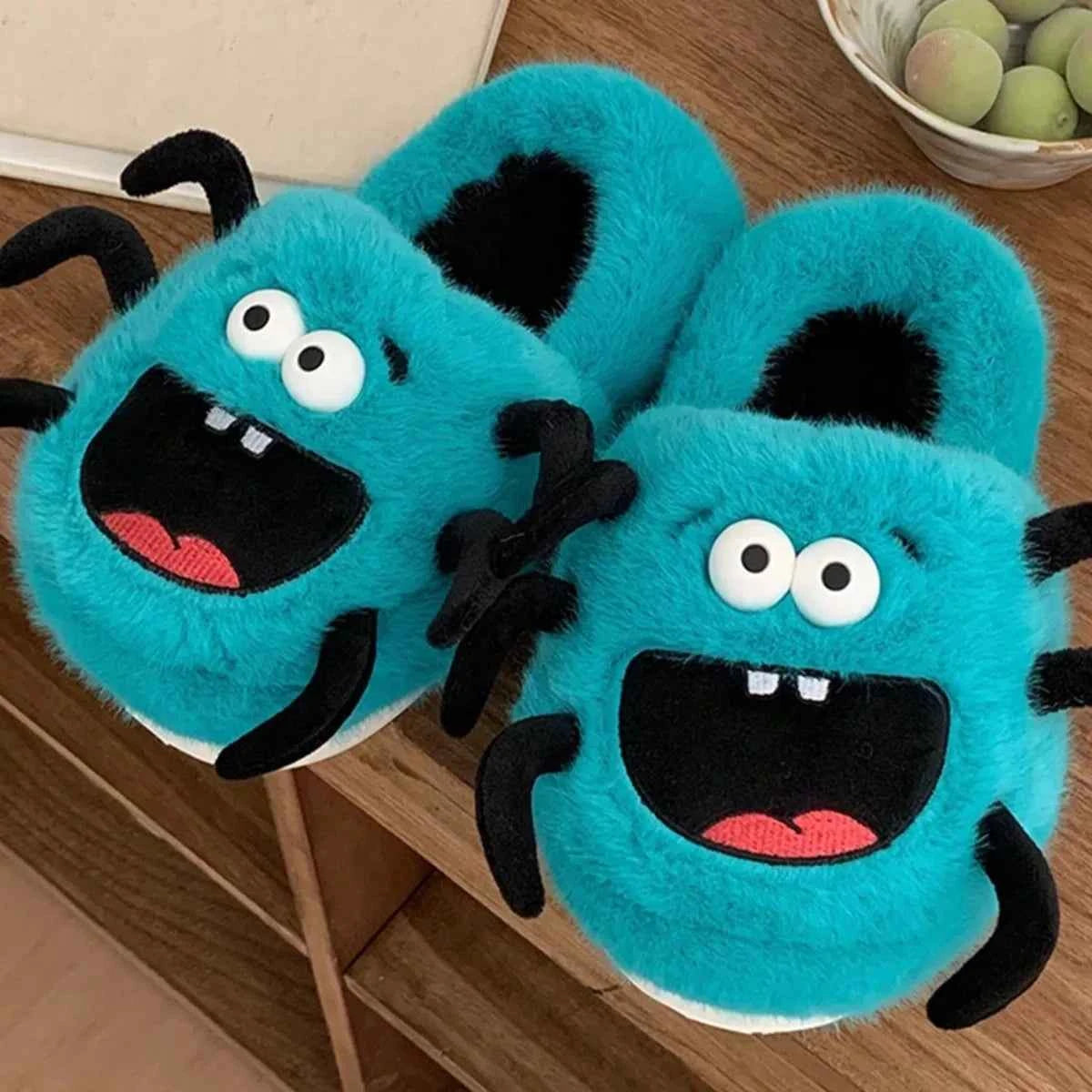 Cute 3D Spider Fluffy House Slippers - Women's Warm Winter Indoor Non-slip Shoes Blue