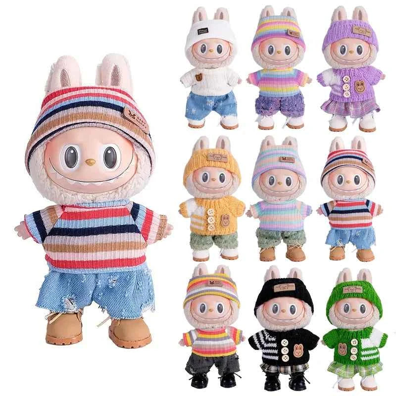 6.69inch Labubu Doll Clothes for buLabu with 3 Outfits - Stylish Fisherman Hat & Sweaters & Pants or skirt Set for 6.69inch Doll