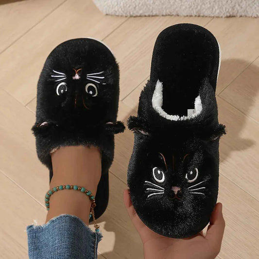 Kawaii Plush Cat Slippers - Women's Warm Winter Indoor Shoes with Soft Non-Slip EVA Sole