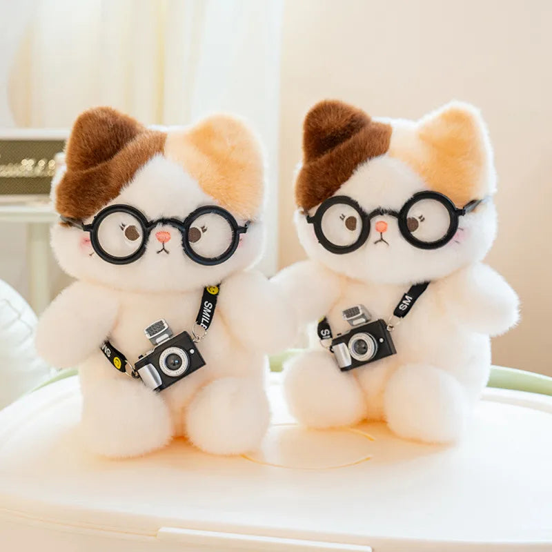 Kawaii Calico Cat Plush Doll with Glasses and Camera - Lifelike Weighted Tricolor Stuffed Animal Toy and Gift, 15cm and 20cm
