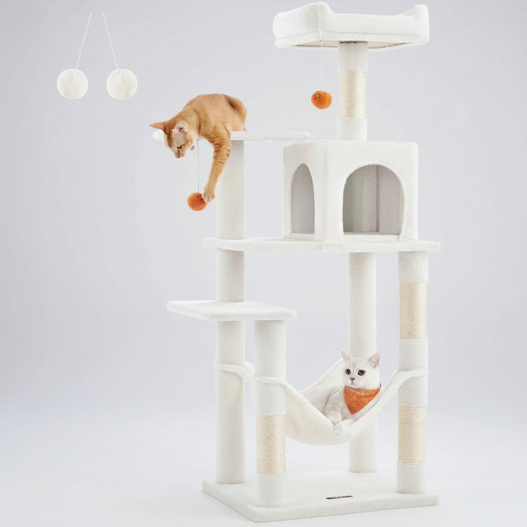 56.3" Multi-Cat Tree Tower Hammock, Condo & Scratching Posts for Indoor Cats Cream White
