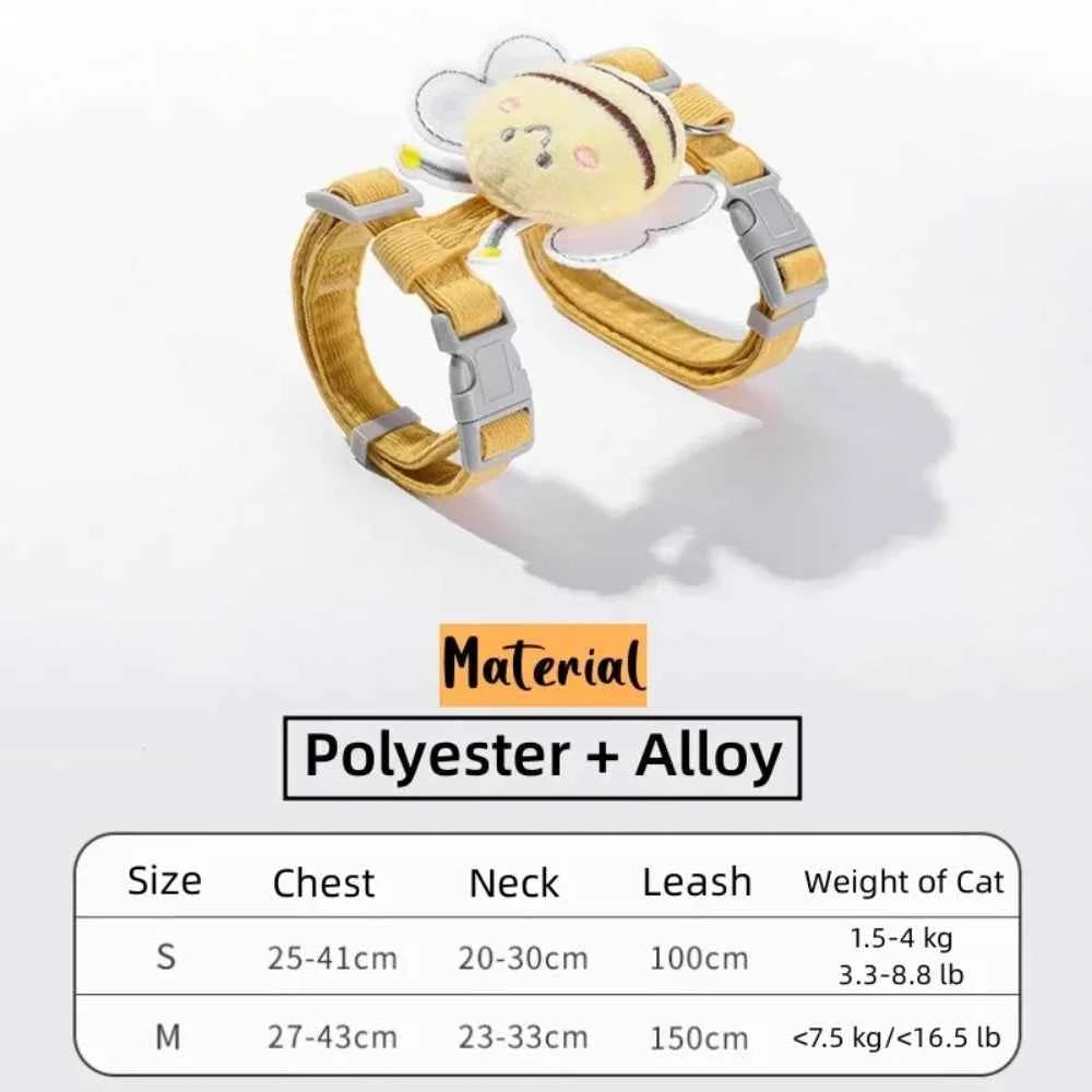 Cat Harness Leash Collar Set Adjustable Cartoon Bee Double Layer Dog Harness Small Medium Pet Collar Leash Outdoor Walking