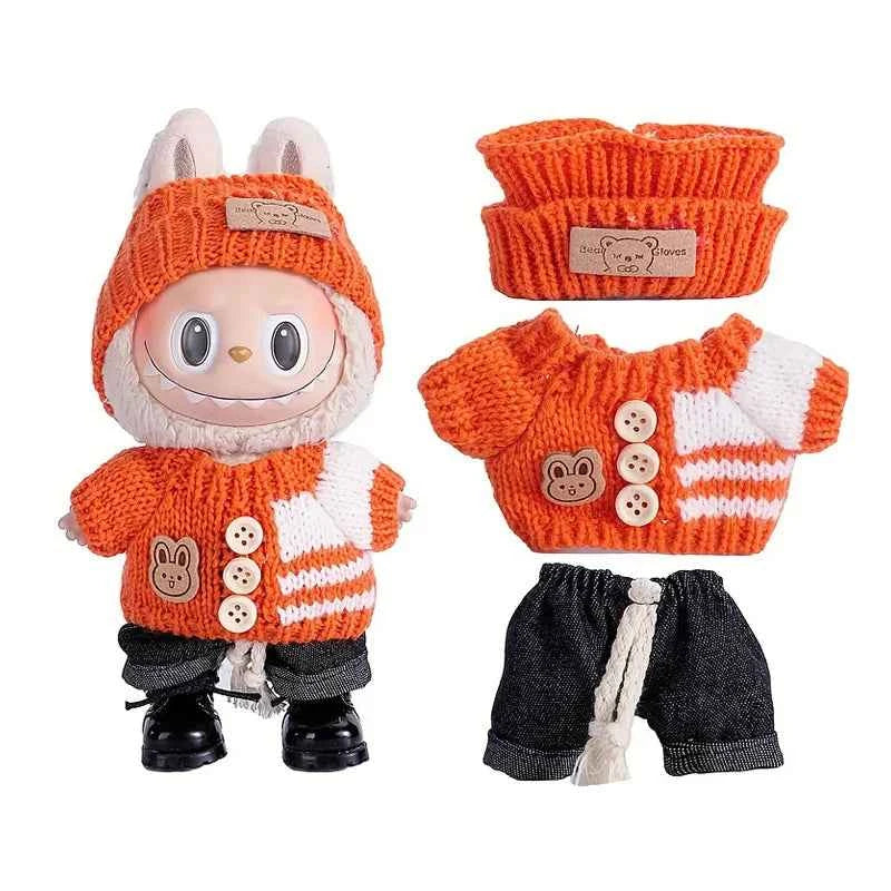 6.69inch Labubu Doll Clothes for buLabu with 3 Outfits - Stylish Fisherman Hat & Sweaters & Pants or skirt Set for 6.69inch Doll