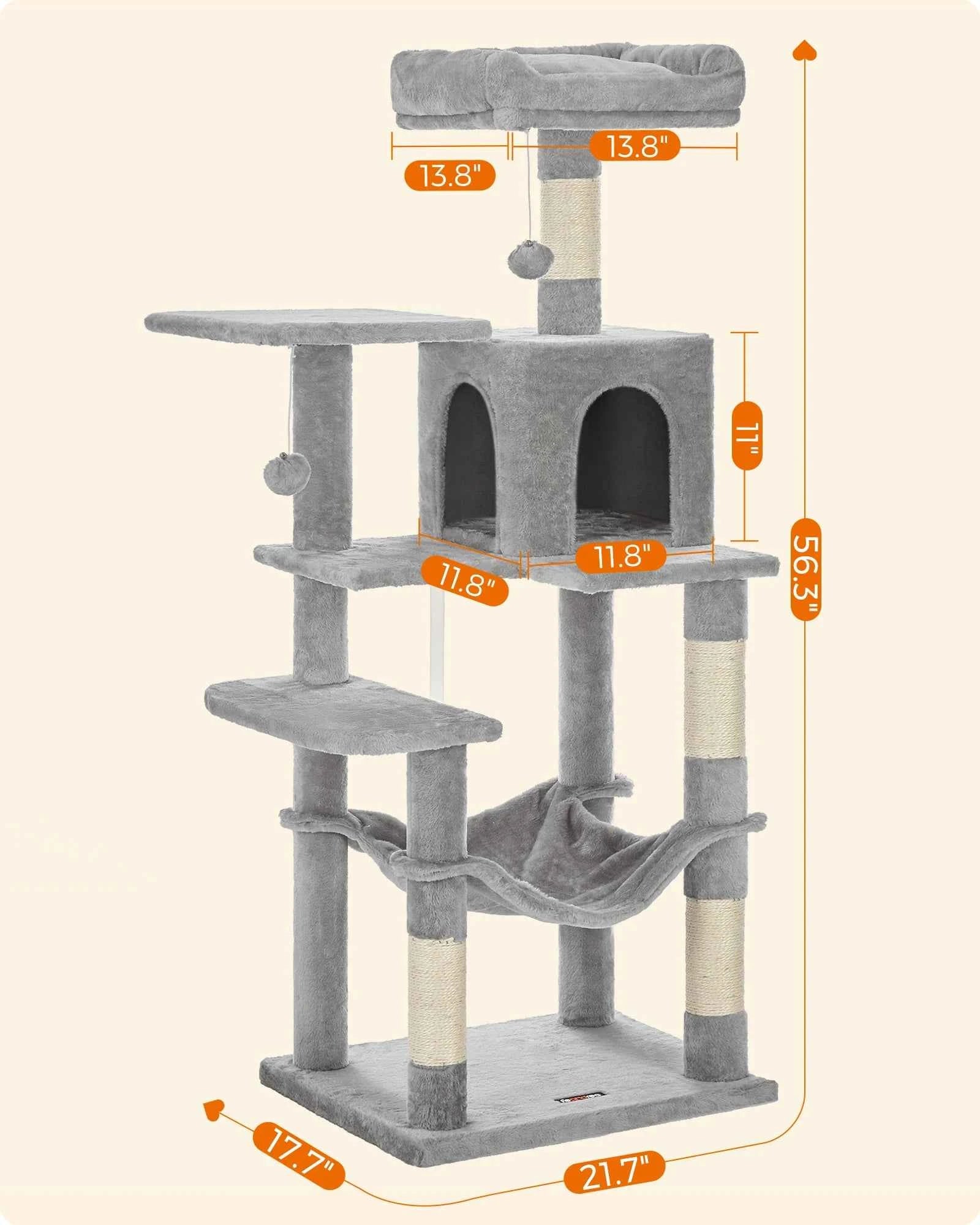 56.3" Multi-Cat Tree Tower: Hammock, Condo & Scratching Posts for Indoor Cats