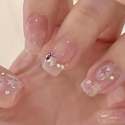 24pc Short Square Coffin Press On Nails - Glitter Diamond Blush Pink Cat Eye