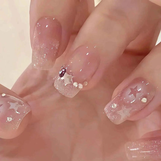 24pc Short Square Coffin Press On Nails - Glitter Diamond Blush Pink Cat Eye