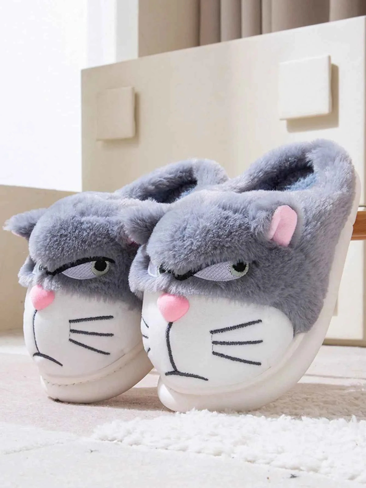 Cute Cat Couple Cotton Slippers - Men's/Women's Winter Warm Thick Bottom Home Shoes Grey