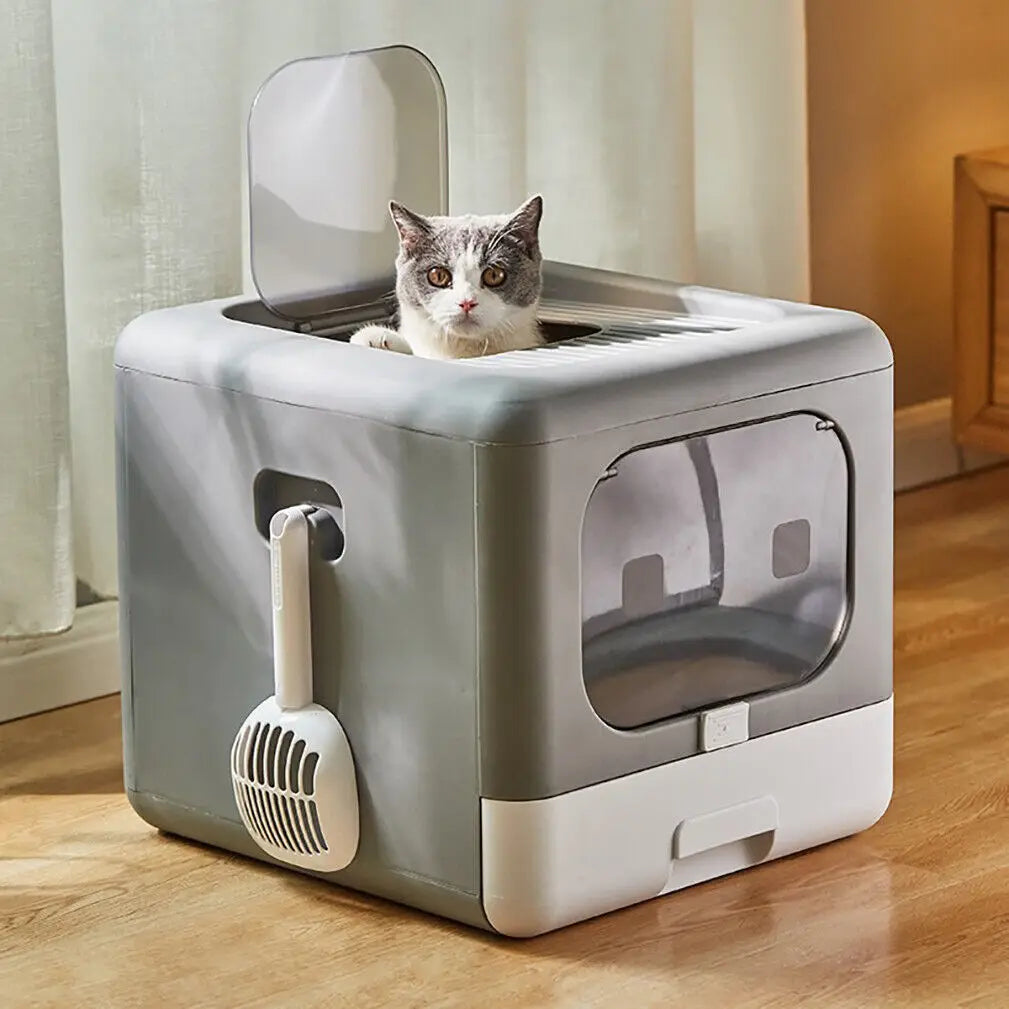 Foldable Enclosed Cat Litter Box with Sifting Tray & Scoop - Top and Front Entry Kitten Toilet