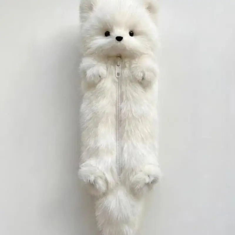 Kawaii Fox Plush Pencil Case - Fluffy Animal Zipper Pouch for School and Office, 2 Colors White 32cm (12.6in)