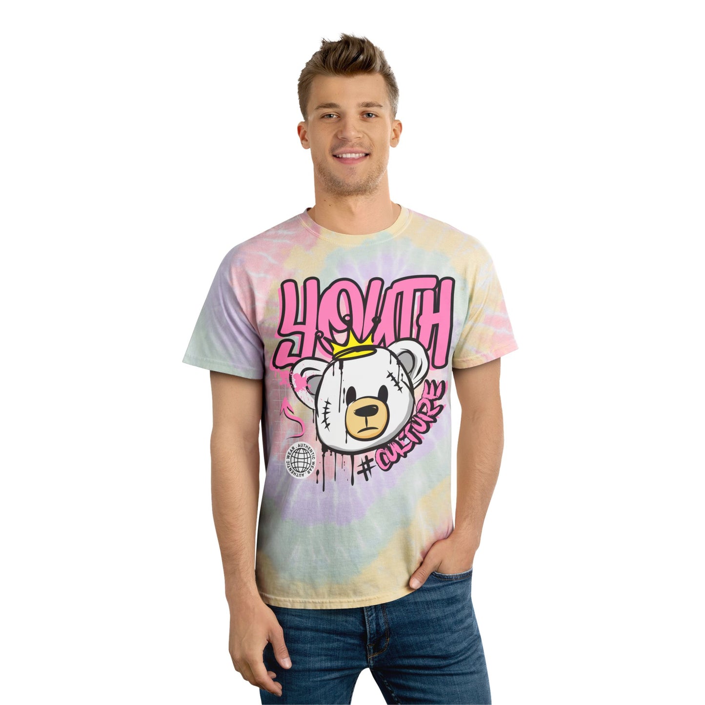 Unisex Pastel Tie Dye T-Shirt with Graffiti Bear Graphic – Soft Cotton Streetwear Tee for Festivals & Casual Wear – Youth Culture Style Hazy Rainbow