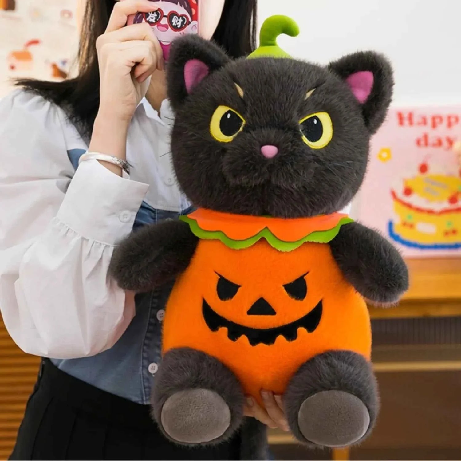 Kawaii Stuffed Animals collection banner featuring cute cat plush, pumpkin squishmallows, and bellzi plush toys from Cozy Kawaii.