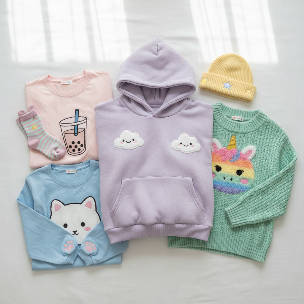 A collection of premium apparel including high-quality graphic t-shirts and heavyweight hoodies hanging on a sleek clothing rack in a modern fashion studio.