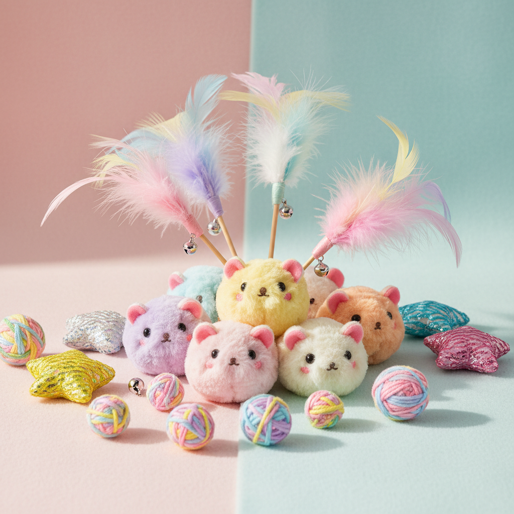 Cute kawaii cat plush toys displayed in a cozy pastel-themed bedroom setting