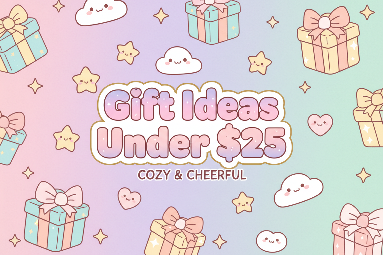 Cute kawaii gift ideas under $25 featuring plush toys and cozy accessories