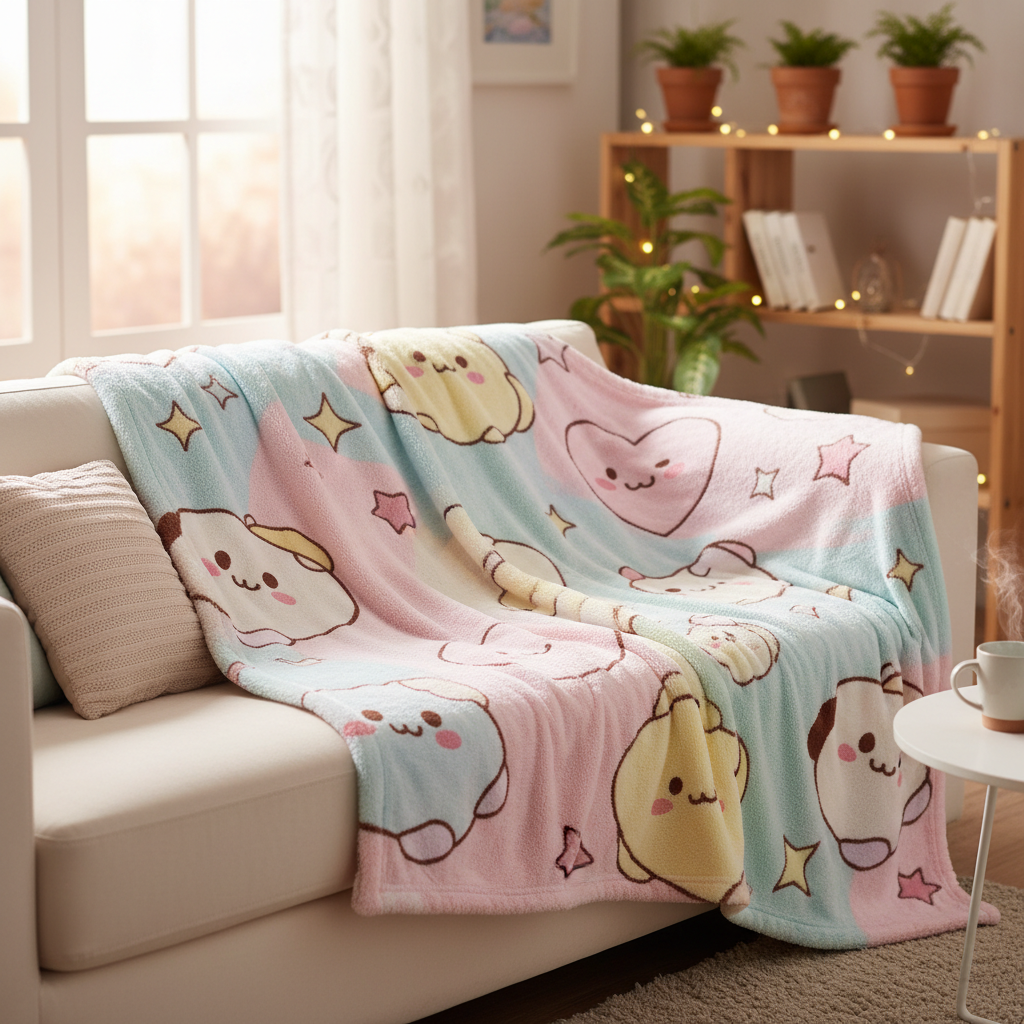 Soft cozy kawaii blanket with cute plush design styled on a cozy bedroom bed