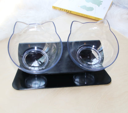 Cat Double Bowl Cat Food Bowl Protects Cervical Vertebra Double transparent black base