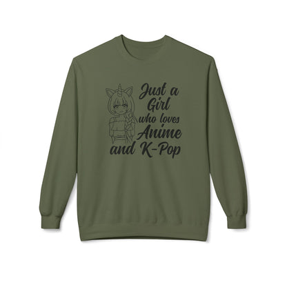 Anime & K-Pop Crewneck Sweatshirt, Cozy Gift for Fans, Cute Fashion for Anime Lovers, Perfect for Casual Outfits, Birthday & Holiday Gift Military Green