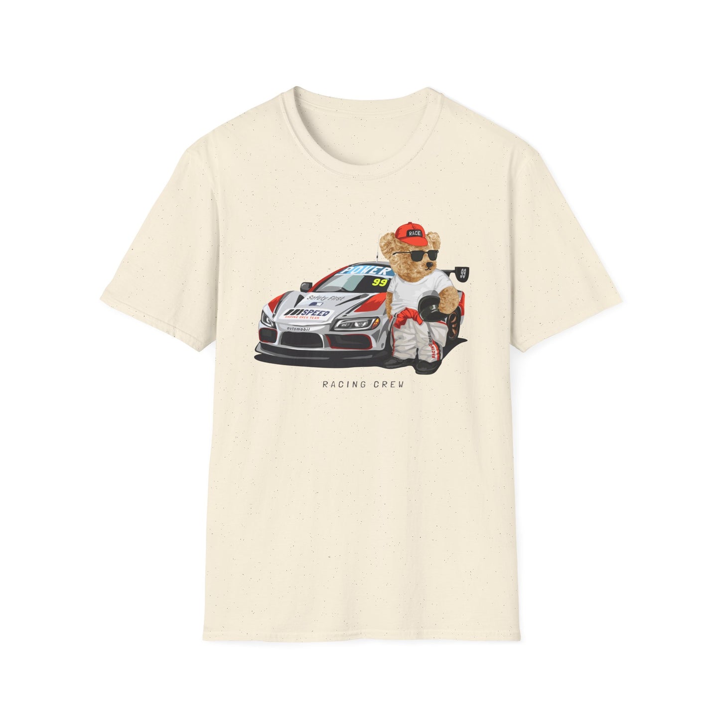 Racing Bear Unisex T-Shirt, Cute Animal Apparel, Car Lovers Gift, Fun Racing Shirt, Gift for Him/Her Natural