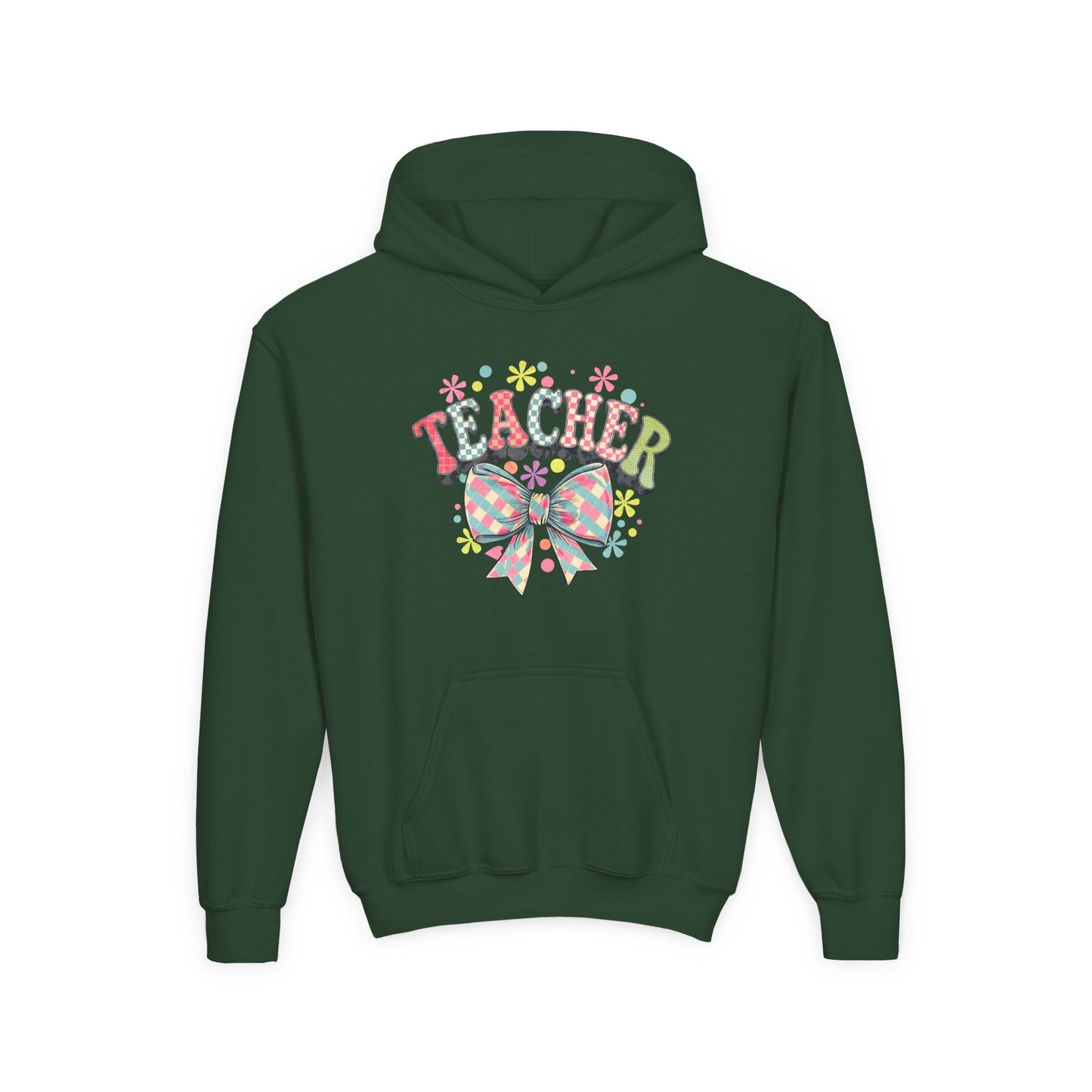 Teacher Hoodie with Colorful Floral Bow Design, Ideal Gift for Educators, School Spirit Wear, Teacher Appreciation, Back to School Forest Green