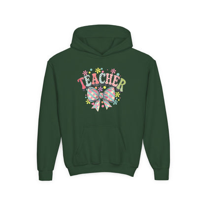 Teacher Hoodie with Colorful Floral Bow Design, Ideal Gift for Educators, School Spirit Wear, Teacher Appreciation, Back to School Forest Green