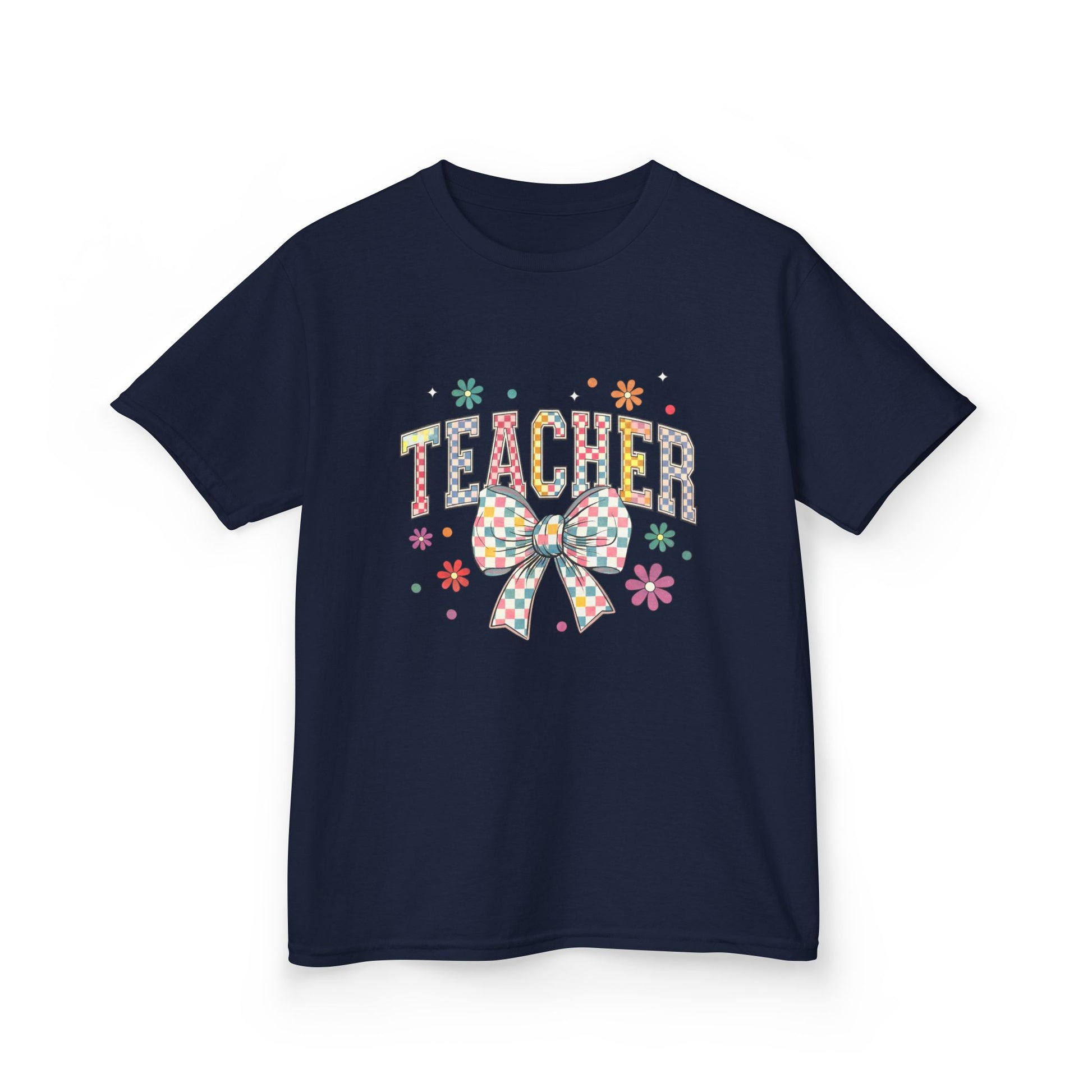 Teacher Kids Tee with Colorful Bow Design, Perfect for Back to School, Teacher Appreciation, Birthday Gift, Fun Classroom Wear Navy