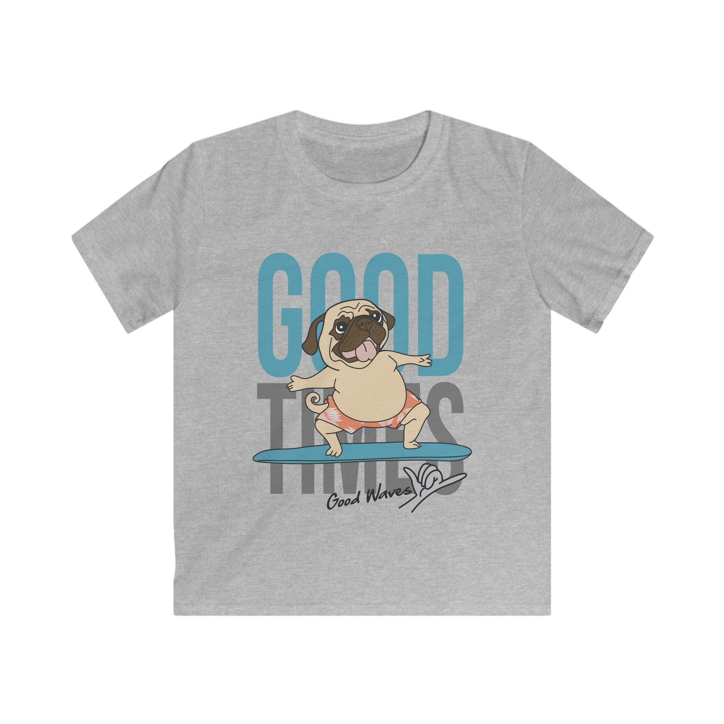 Kids Pug Surfing Tee, Fun Summer Shirt, Cute Dog Apparel, Perfect Gift for Kids, Beach Party Essential, Vacation Outfit Sport Grey