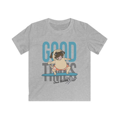Kids Pug Surfing Tee, Fun Summer Shirt, Cute Dog Apparel, Perfect Gift for Kids, Beach Party Essential, Vacation Outfit Sport Grey