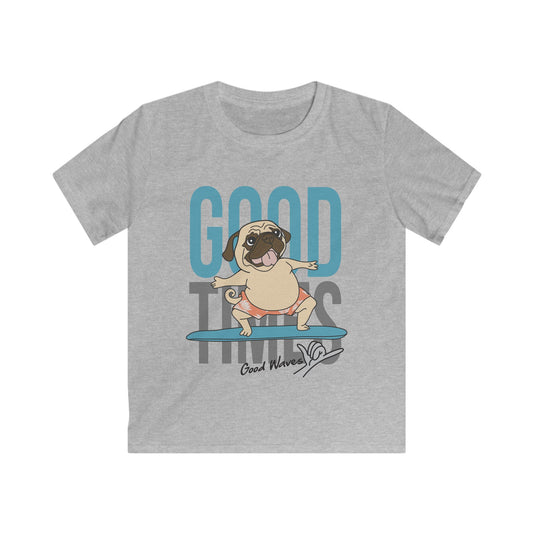 Kids Pug Surfing Tee, Fun Summer Shirt, Cute Dog Apparel, Perfect Gift for Kids, Beach Party Essential, Vacation Outfit Sport Grey