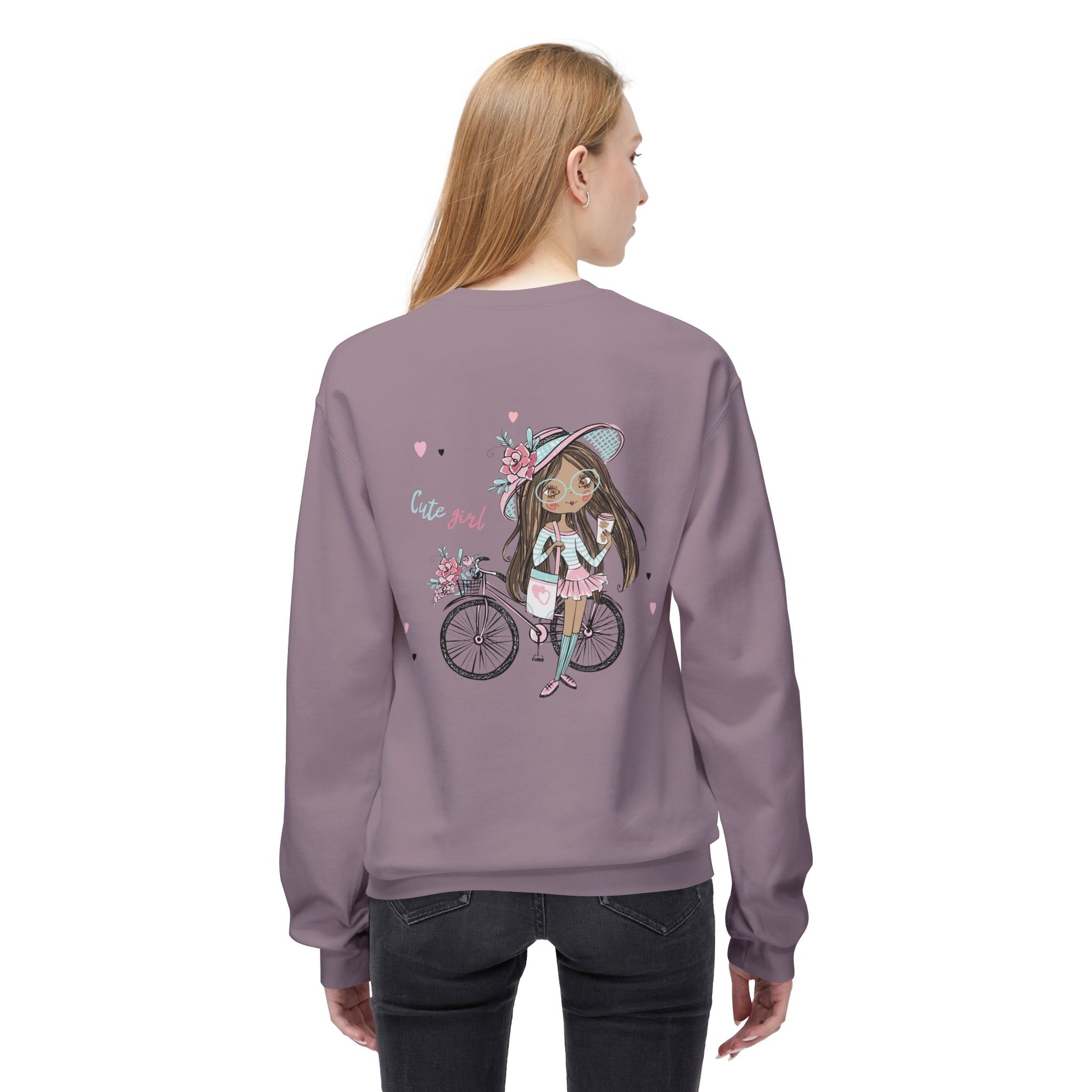 Cute Girl on Bicycle Sweatshirt, Cozy Fleece Crewneck, Spring Fashion, Gift for Her, Casual Sweatshirt, Cartoon Design