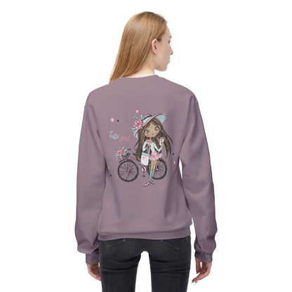 Cute Girl on Bicycle Sweatshirt, Cozy Fleece Crewneck, Spring Fashion, Gift for Her, Casual Sweatshirt, Cartoon Design