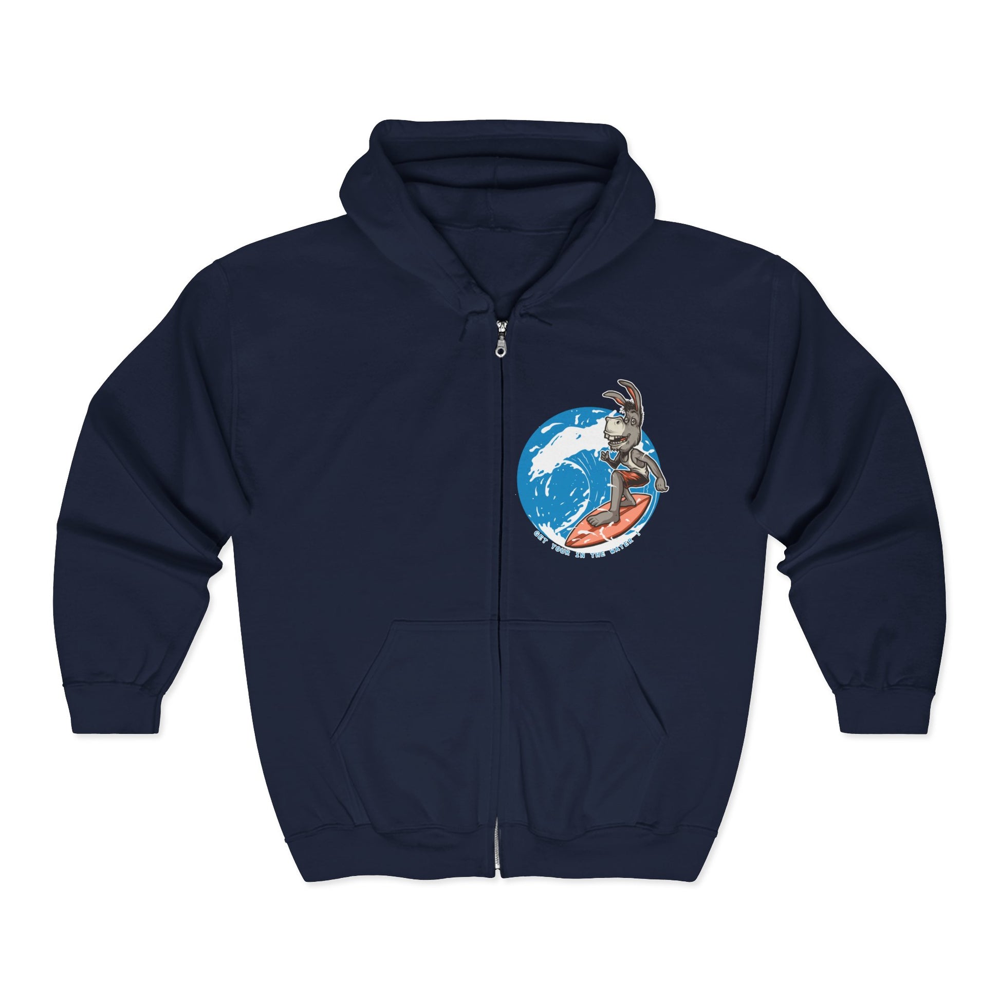 Funny Surfing Donkey Zip-Up Hoodie | Soft Fleece Beach Sweatshirt Navy