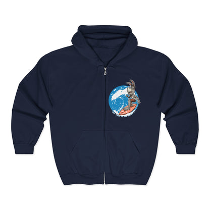 Funny Surfing Donkey Zip-Up Hoodie | Soft Fleece Beach Sweatshirt Navy