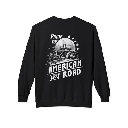 Pride of American Road Crewneck Sweatshirt, Cozy Unisex Fleece Top, Ideal Gift for Bikers, Road Trip Apparel, 1973 Vintage Style