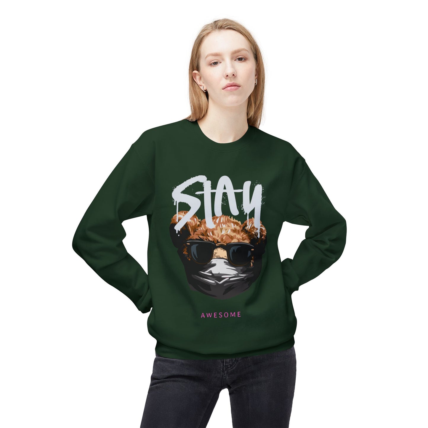 Stay Awesome Fleece Crewneck Sweatshirt for Cozy Vibes, Perfect Gift for Friends, Cute Casual Wear, Fun Retro Style, Ideal for Cold Days