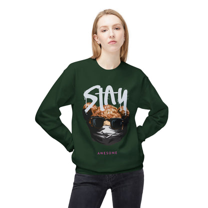 Stay Awesome Fleece Crewneck Sweatshirt for Cozy Vibes, Perfect Gift for Friends, Cute Casual Wear, Fun Retro Style, Ideal for Cold Days
